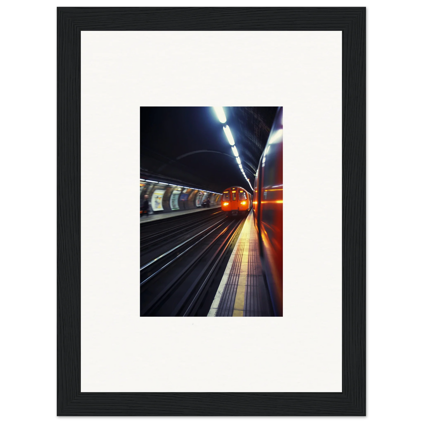 Framed photo of illuminated subway platform showcasing Threads Passagesquent Hues art™