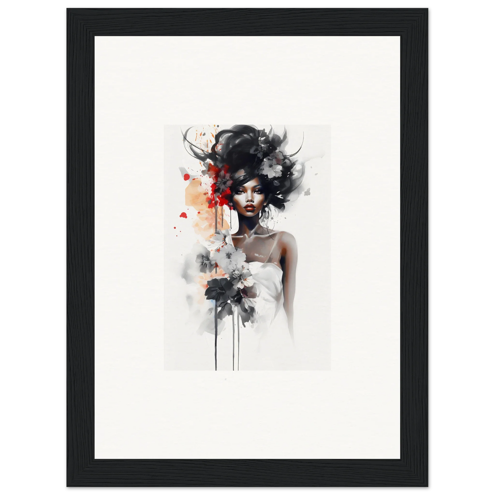 Artistic watercolor portrait of a figure in flowing black hair and white dress from Plume Sultry Reverie