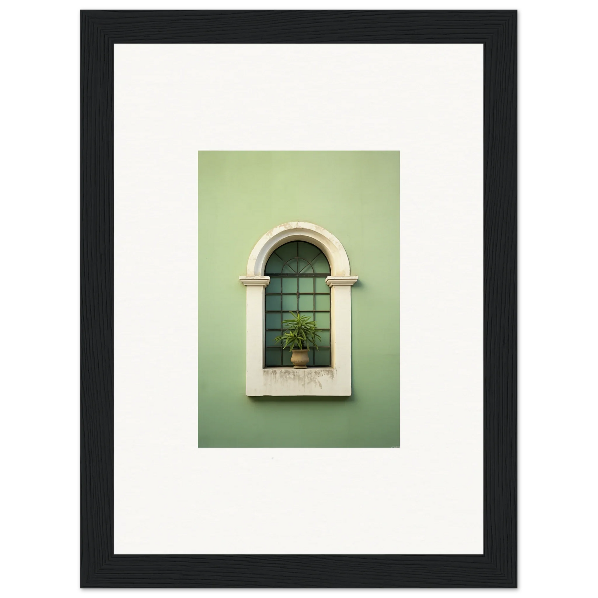 Arched window with white trim and potted plant in Eggshell PandæmonIA Bliss art