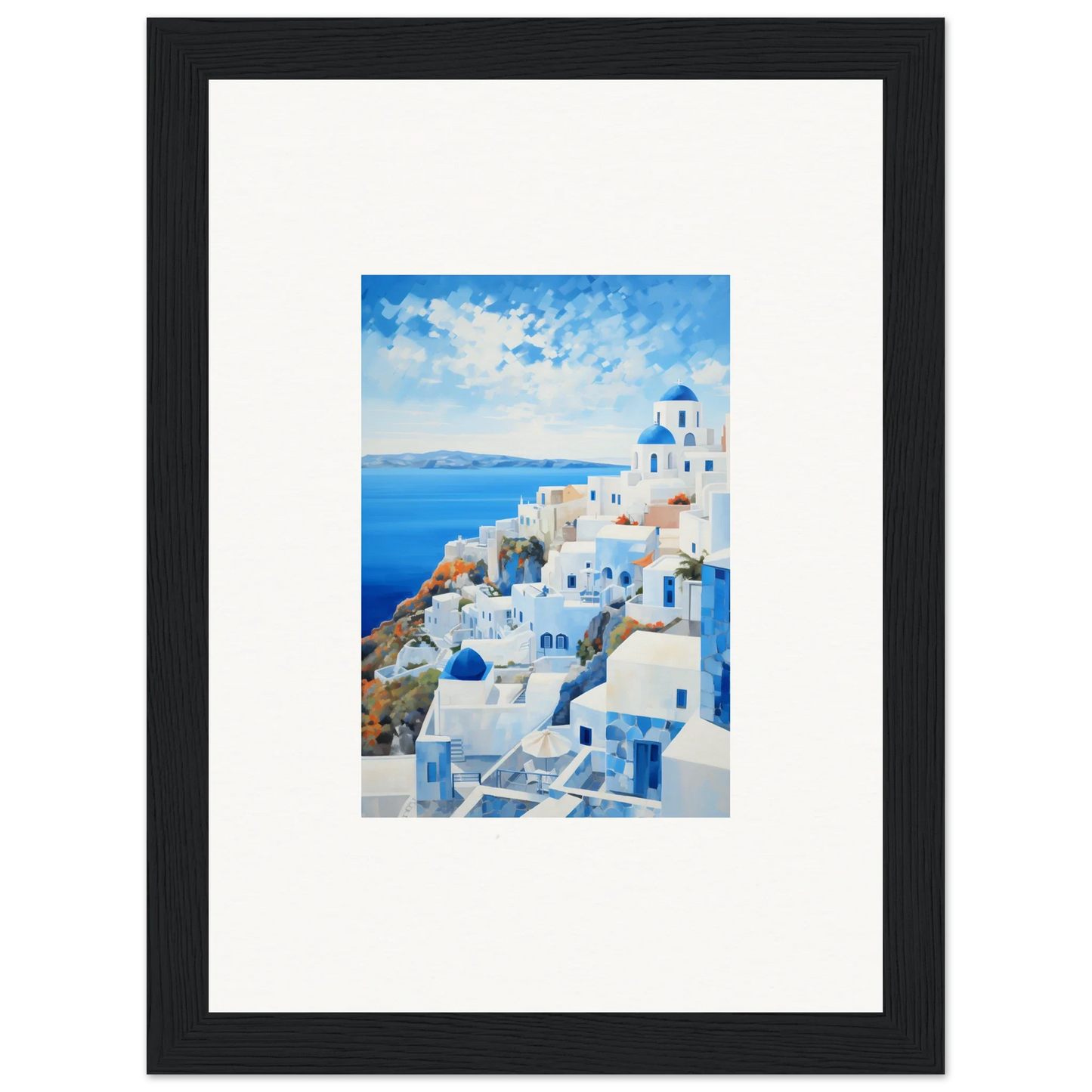 Framed watercolor painting of Santorini as premium wall art in Serendipity Through Sparrows