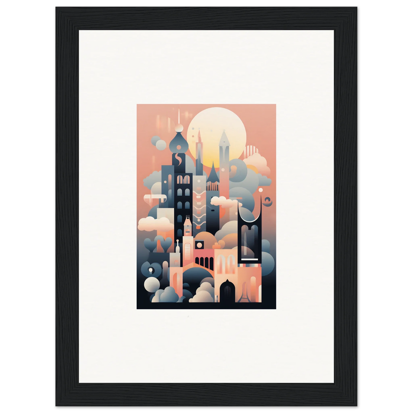 Framed art print of Ephemeral Castle Whispers in soft pink and blue cityscape tones