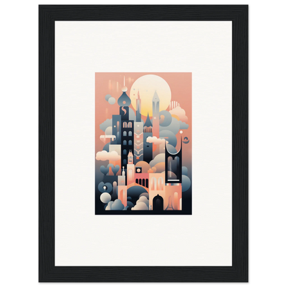 Framed art print of Ephemeral Castle Whispers in soft pink and blue cityscape tones