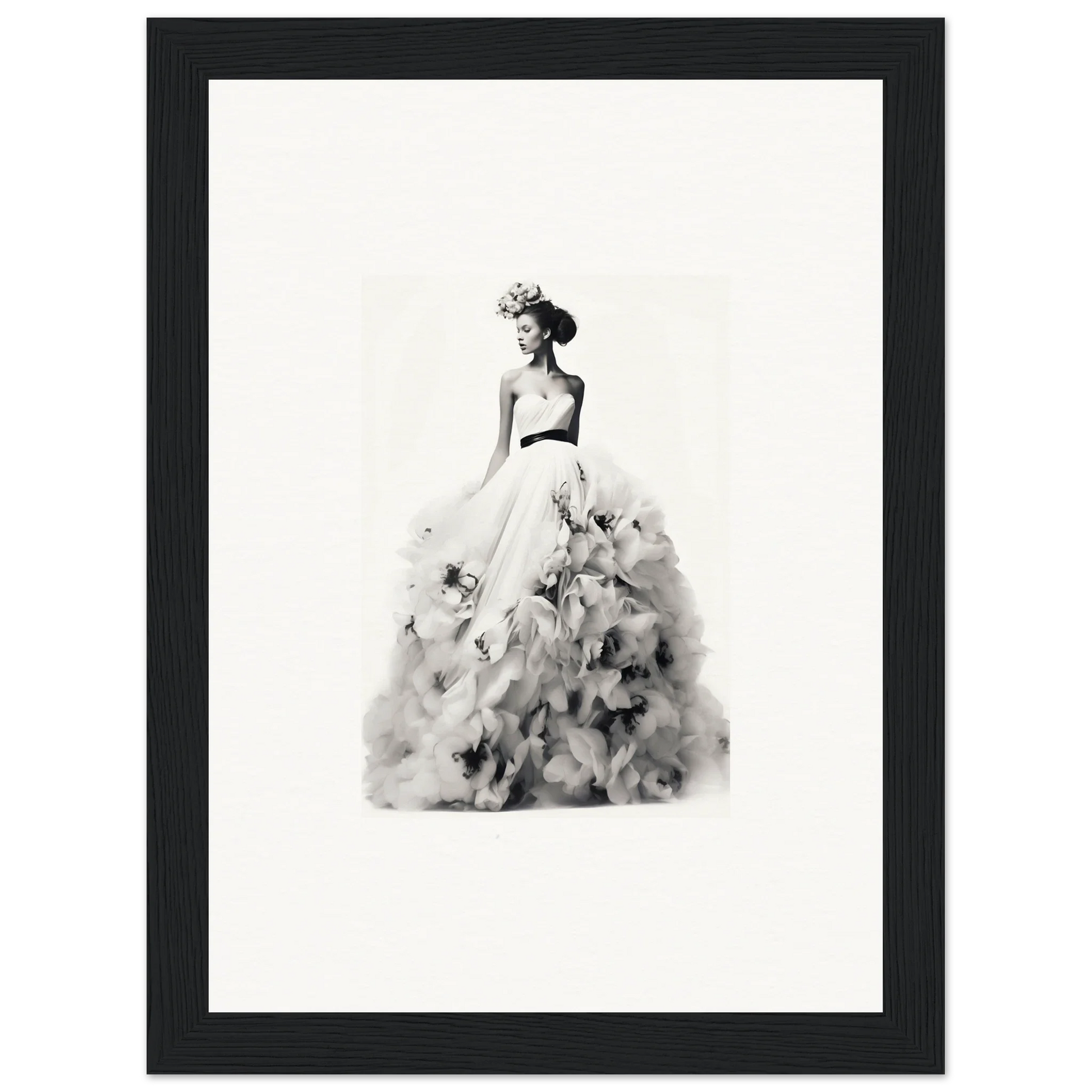 Black and white watercolor of an elegant ballgown for Dreams Bloom Eternal framed wall art