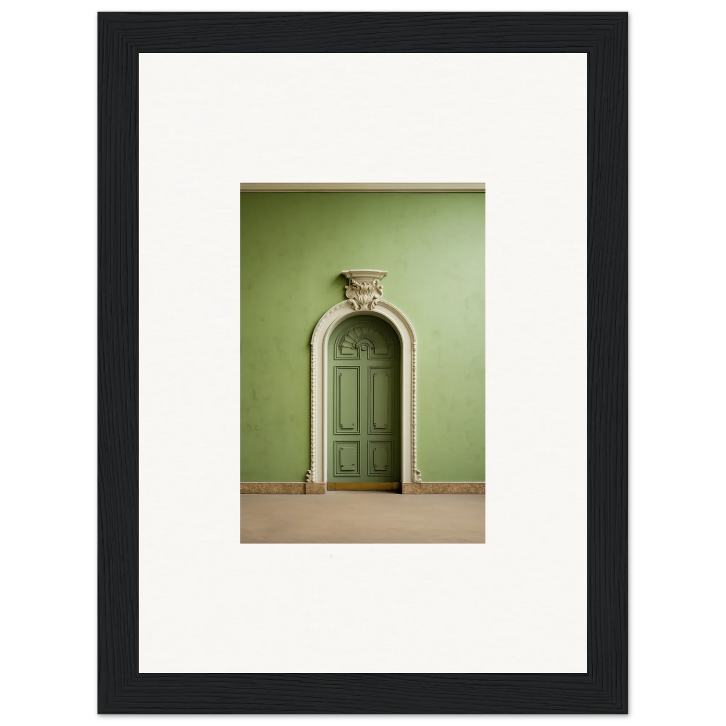 Ornate arched green door with molding for Verdant Illusion Sphere framed wall art