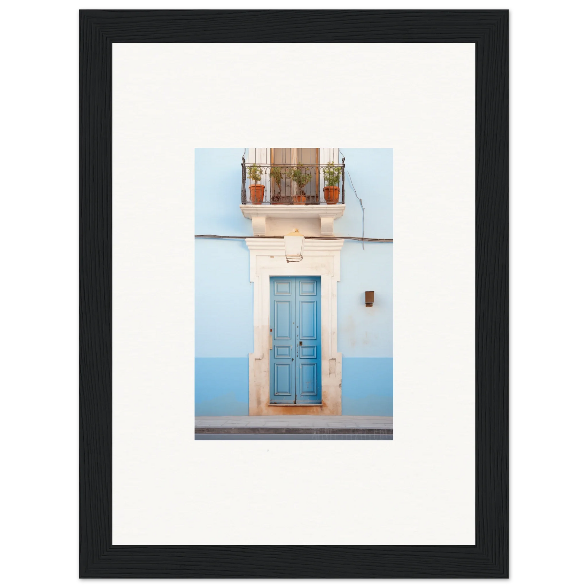 Blue wooden door framed in white stone, a stunning Ethereal Azul Entrance wall art