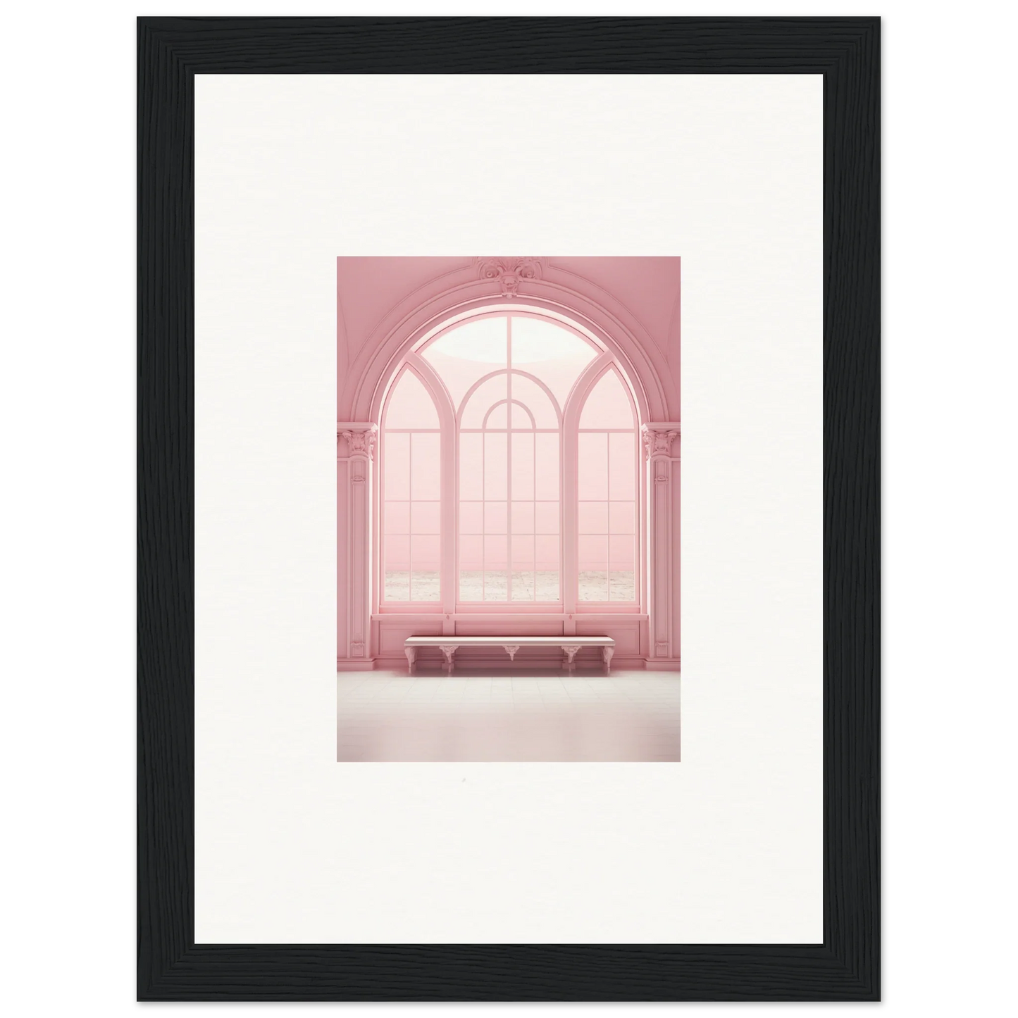 Arched window with pink panes in Solitude’s Rosy Asana framed wall art design