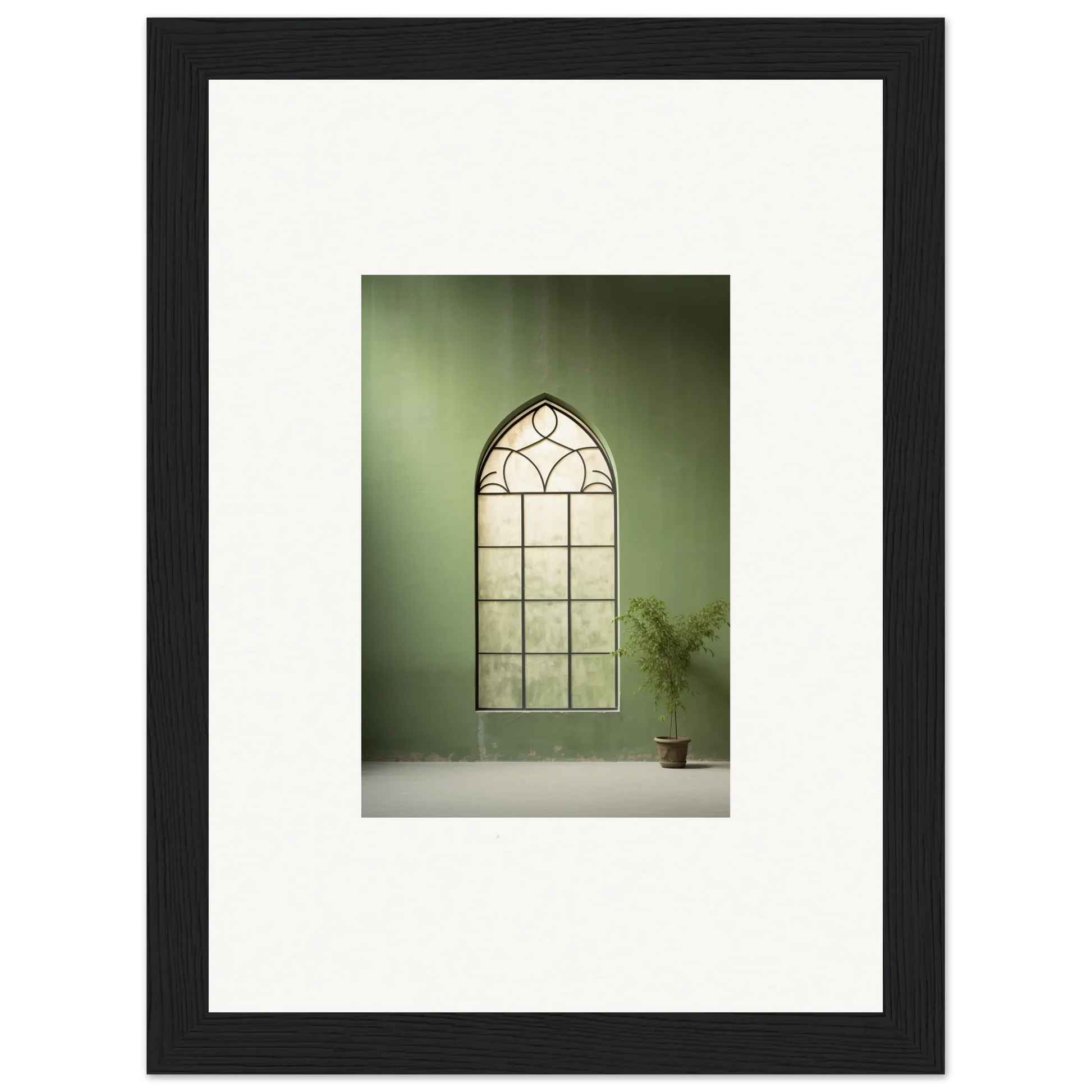 Gothic arched window with leading patterns in premium framed Green Crescent art