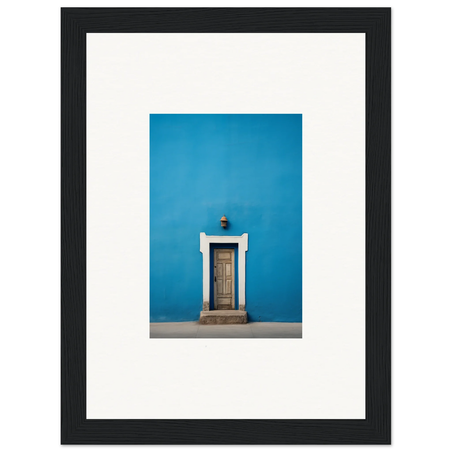 Wooden door with white trim on bright blue wall in Eternal Cerulean Cloister art™