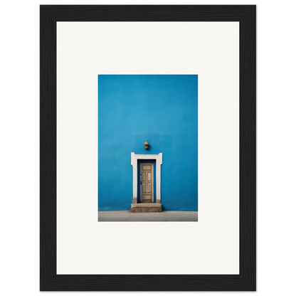 Wooden door with white trim on bright blue wall in Eternal Cerulean Cloister art™