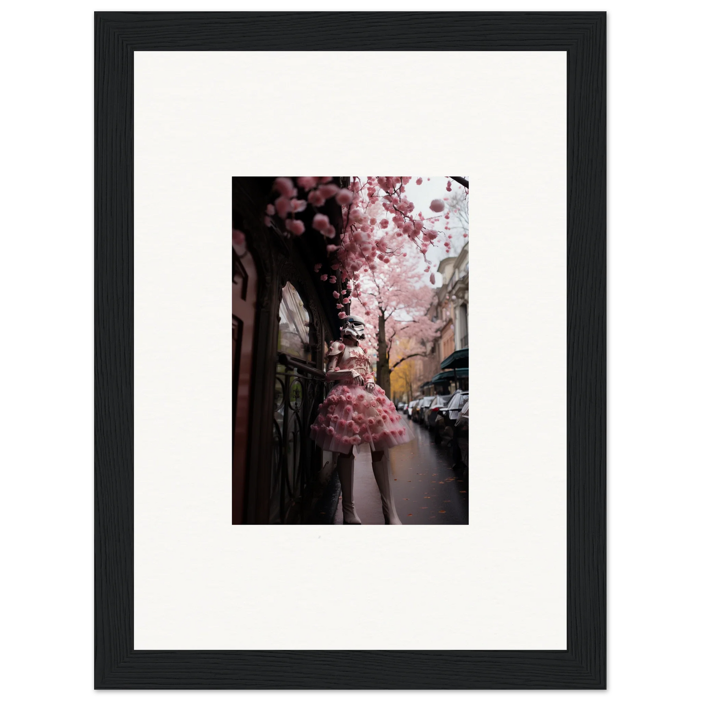 Framed wall art of pink cherry blossoms over a city for Petal Eccentricity Revealed