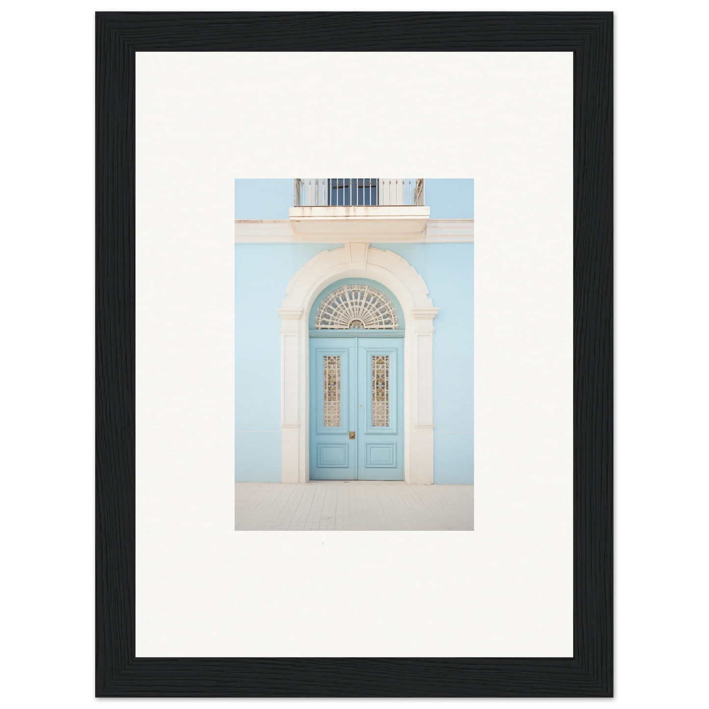 Light blue double door with arched window, part of Delphinium Dream Portal art