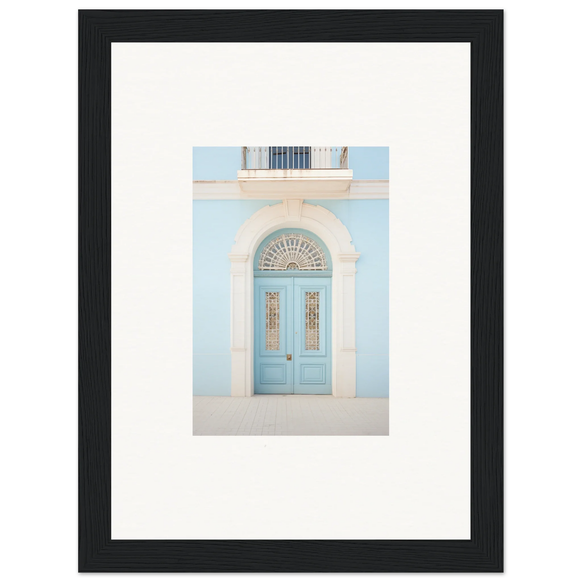 Light blue double door with arched window, part of Delphinium Dream Portal art