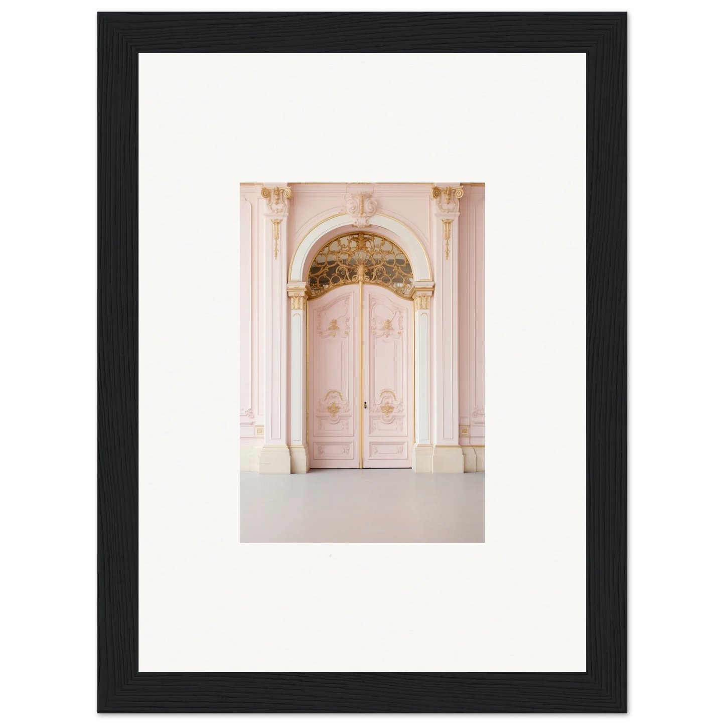 Ornate pink double doors with gold accents in premium framed wall art design