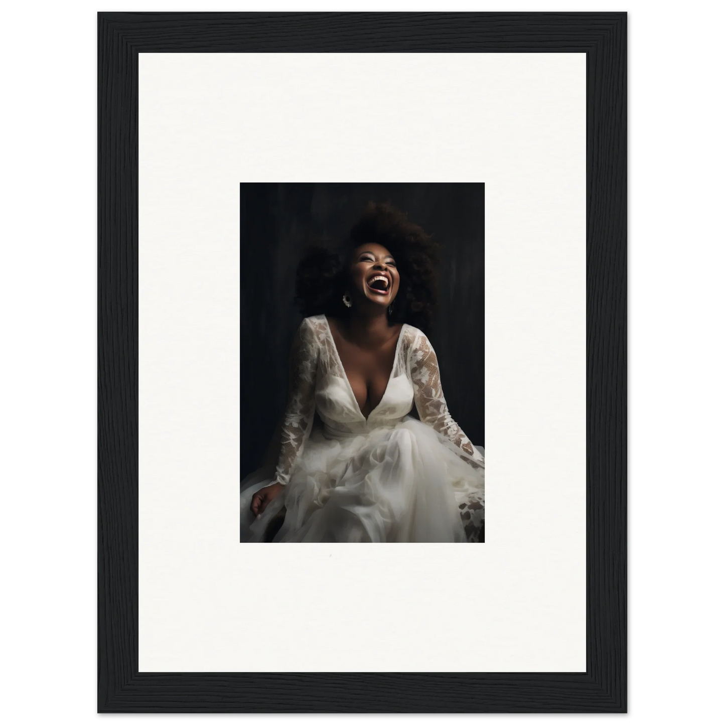 Framed wall art of a bride in a lace wedding dress from Timeless Essence Laughter