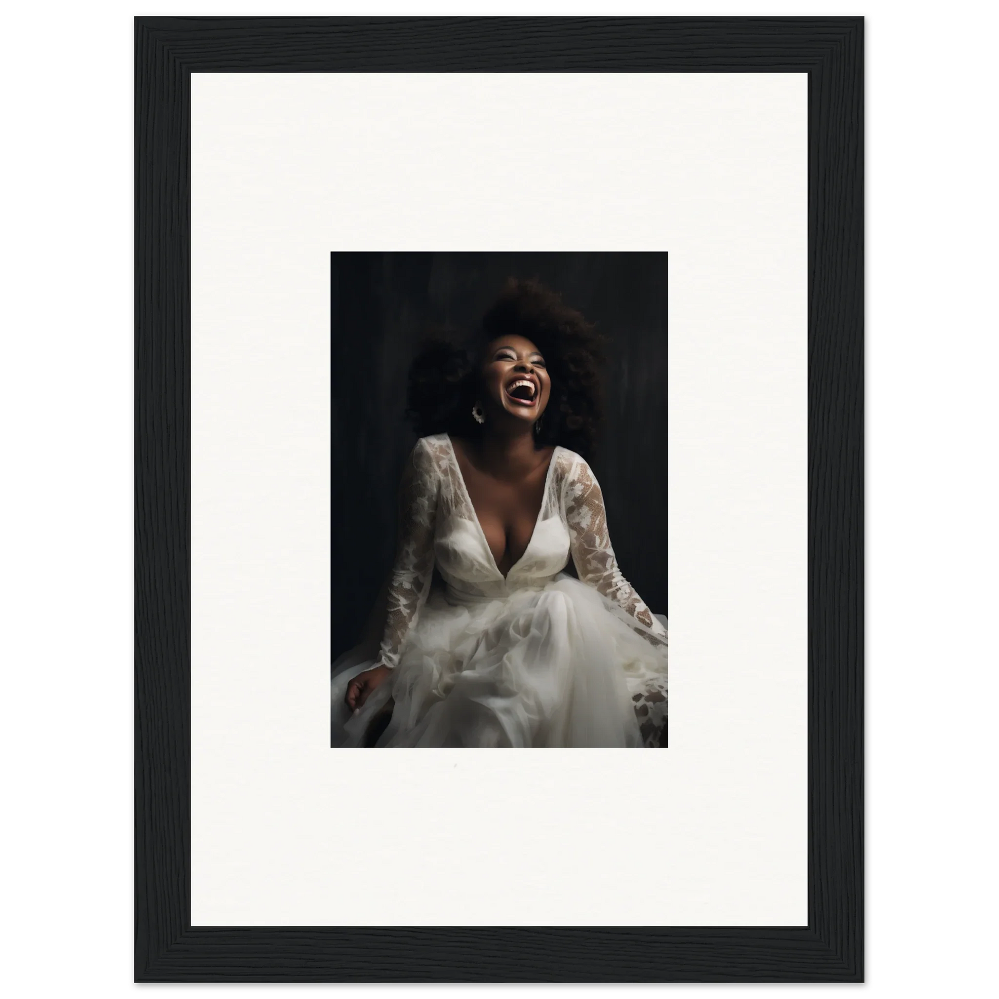 Framed wall art of a bride in a lace wedding dress from Timeless Essence Laughter