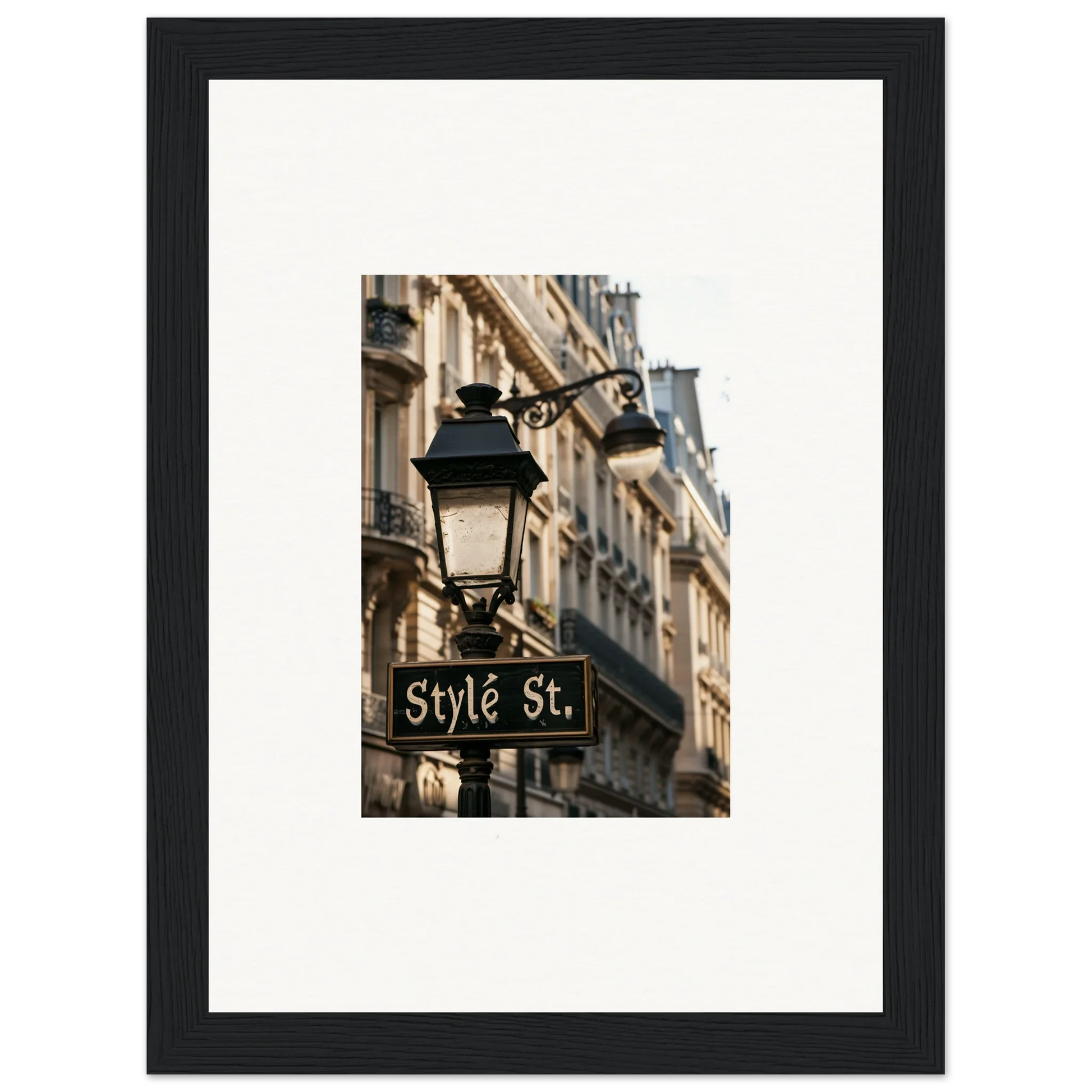 Framed wall art of a Parisian street lamp, perfect for room decoration or canvas print