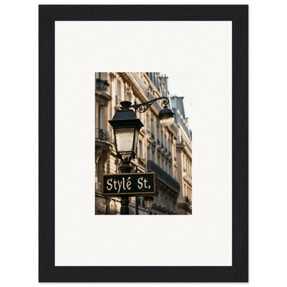 Framed wall art of a Parisian street lamp, perfect for room decoration or canvas print