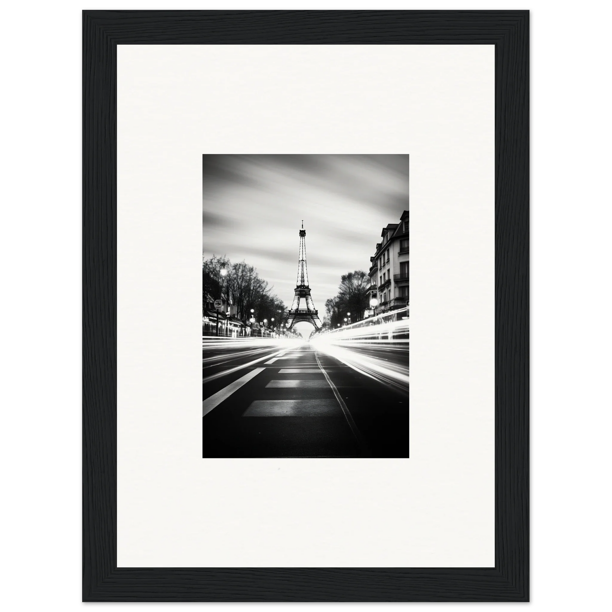 Black and white Eiffel Tower photo for Synth Wave Elysium framed wall art