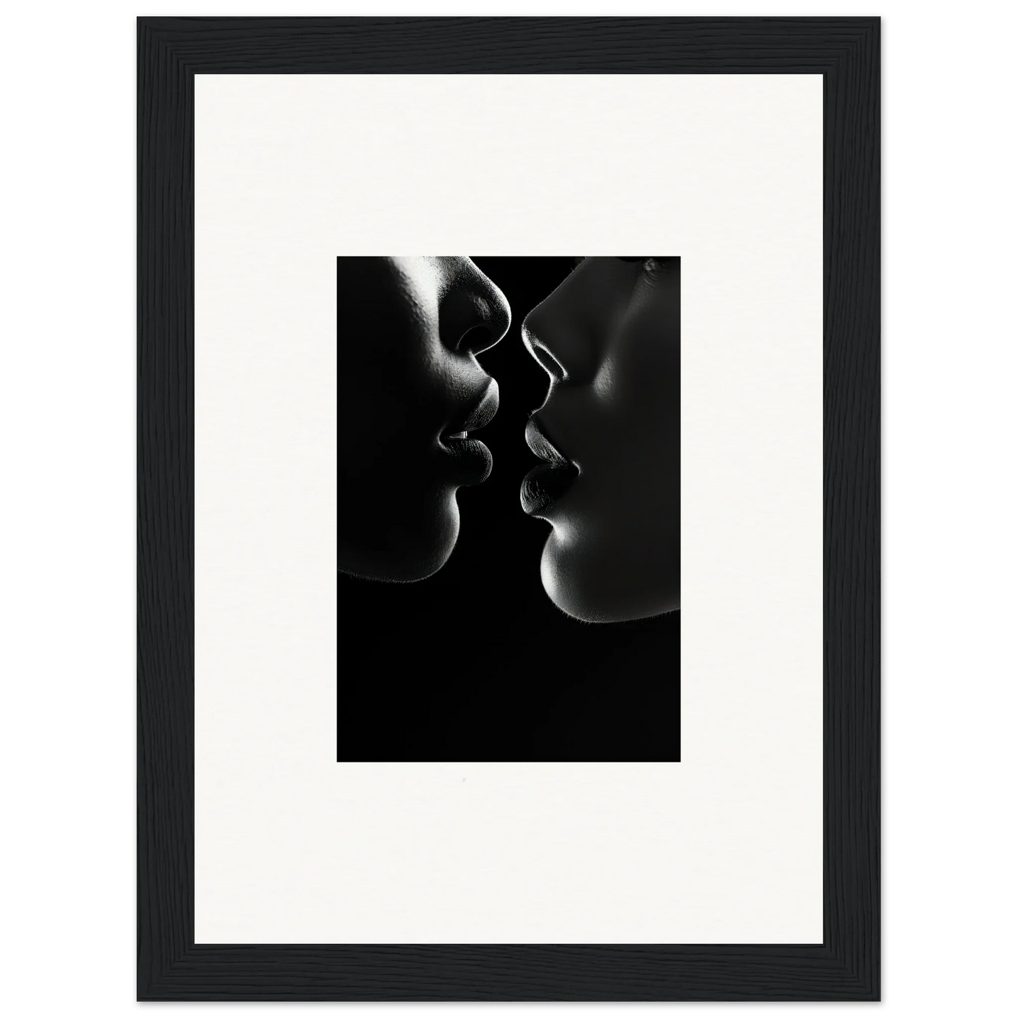 Two silhouetted profiles sharing an intimate moment in Midnight Kiss Darkness art