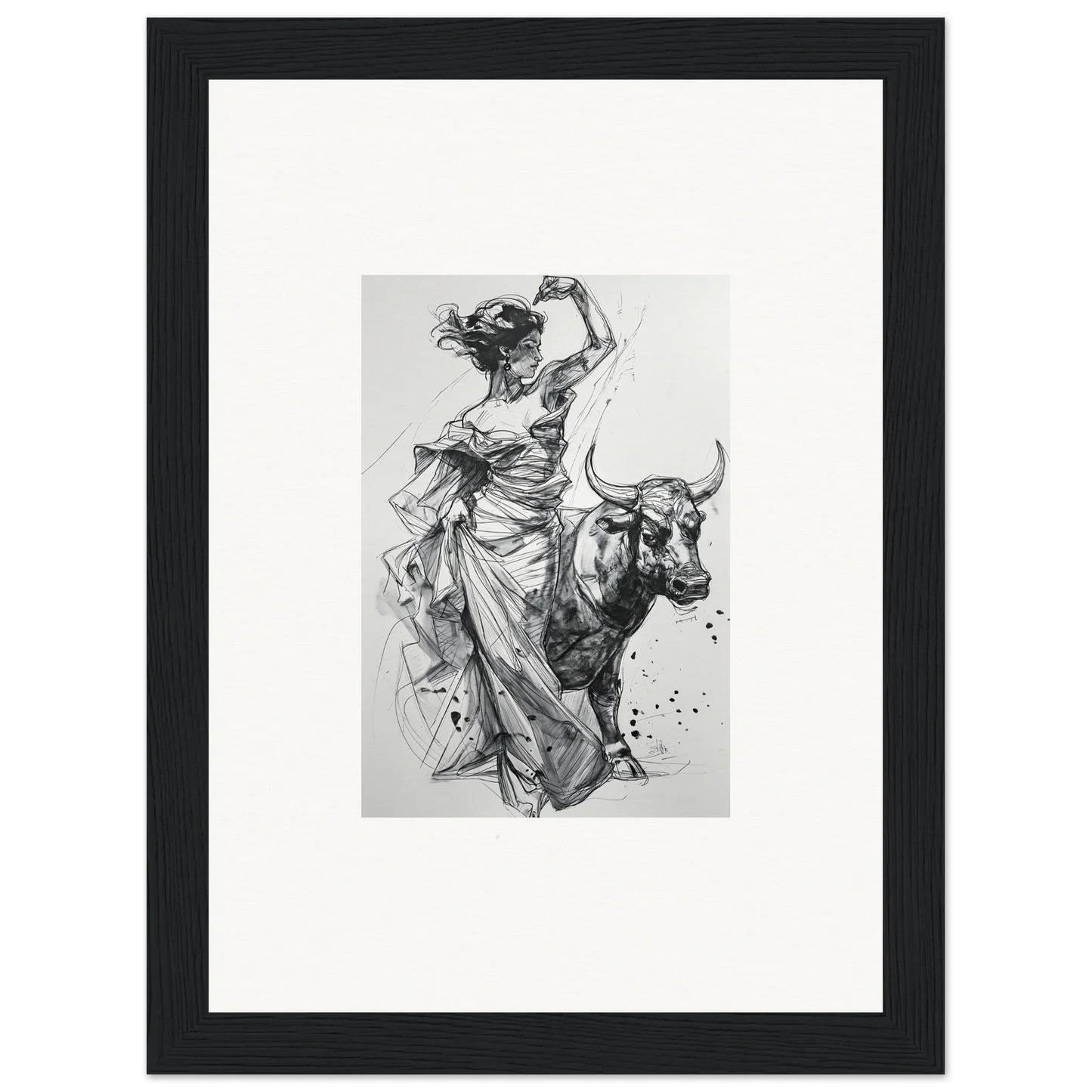 Black and white sketch of a figure in robes riding a bull from Tauripe Mystique Visions