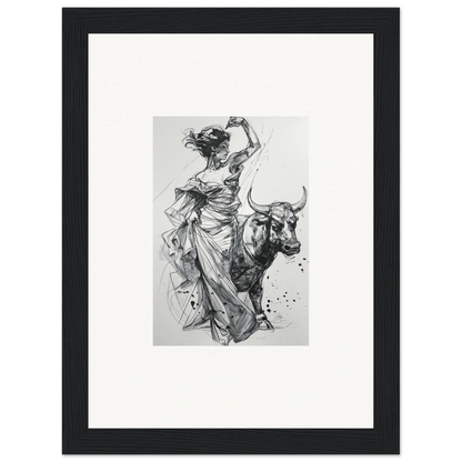 Black and white sketch of a figure in robes riding a bull from Tauripe Mystique Visions