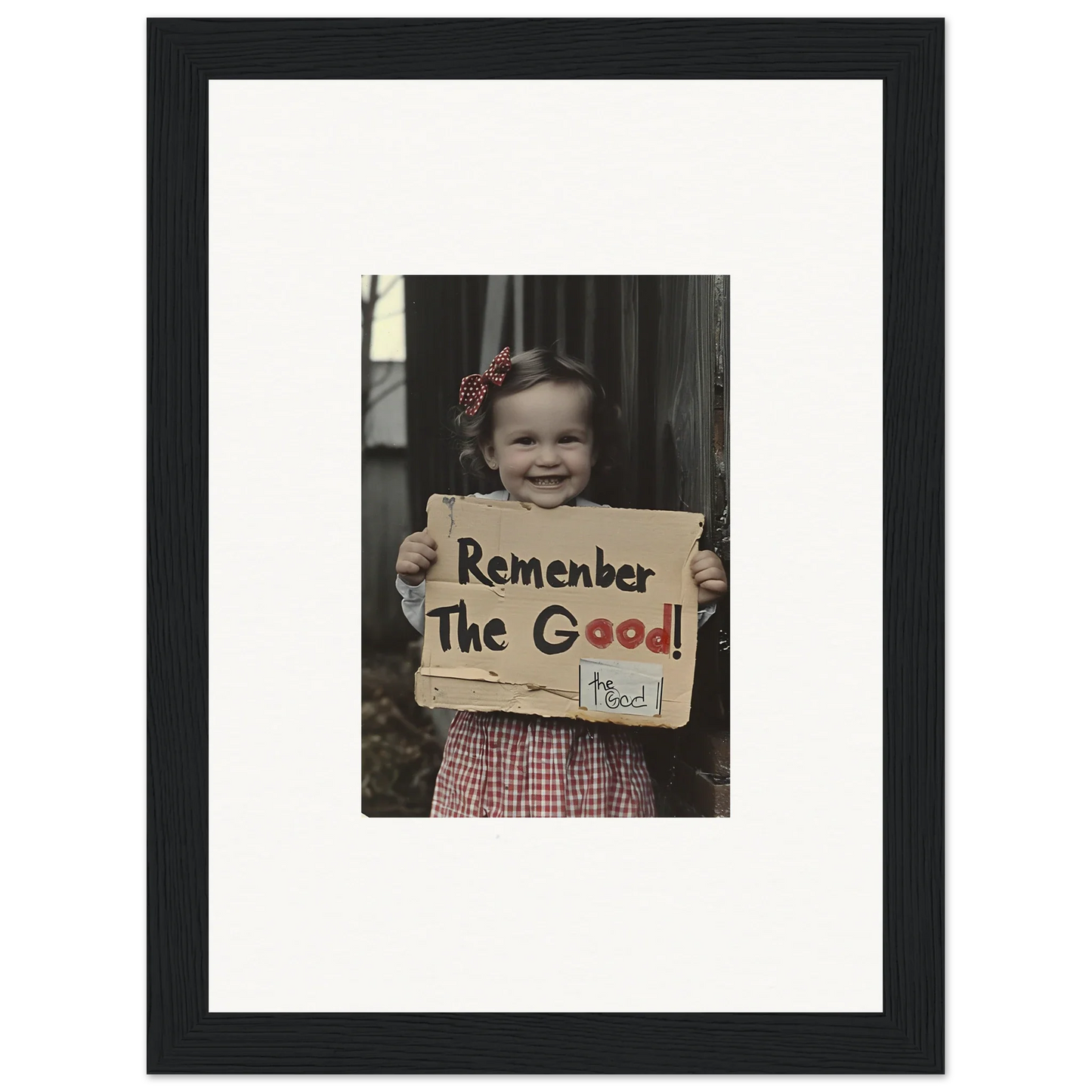 Framed black-and-white photo of a child with a sign in Smiles Forlornly Singing art™