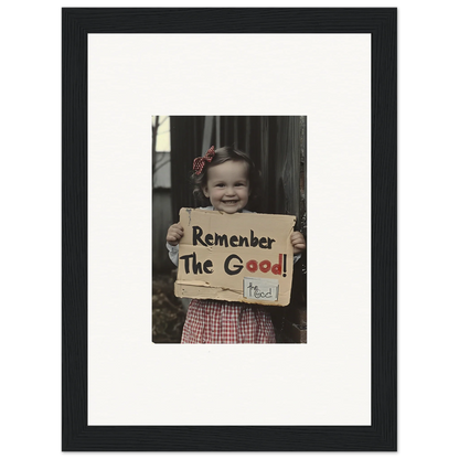 Framed black-and-white photo of a child with a sign in Smiles Forlornly Singing art™