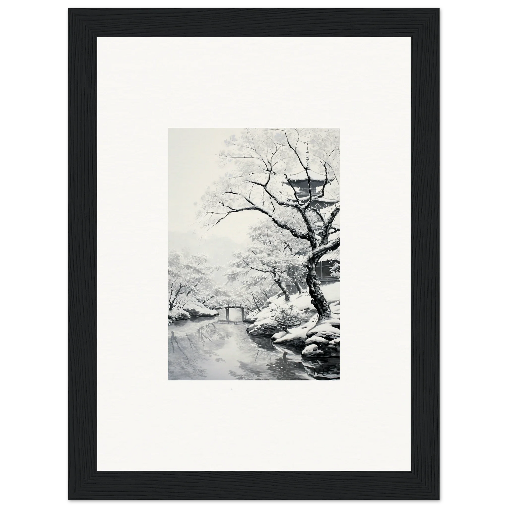 Black-framed artwork of a snowy winter landscape from Chilled Lunar Embrace collection