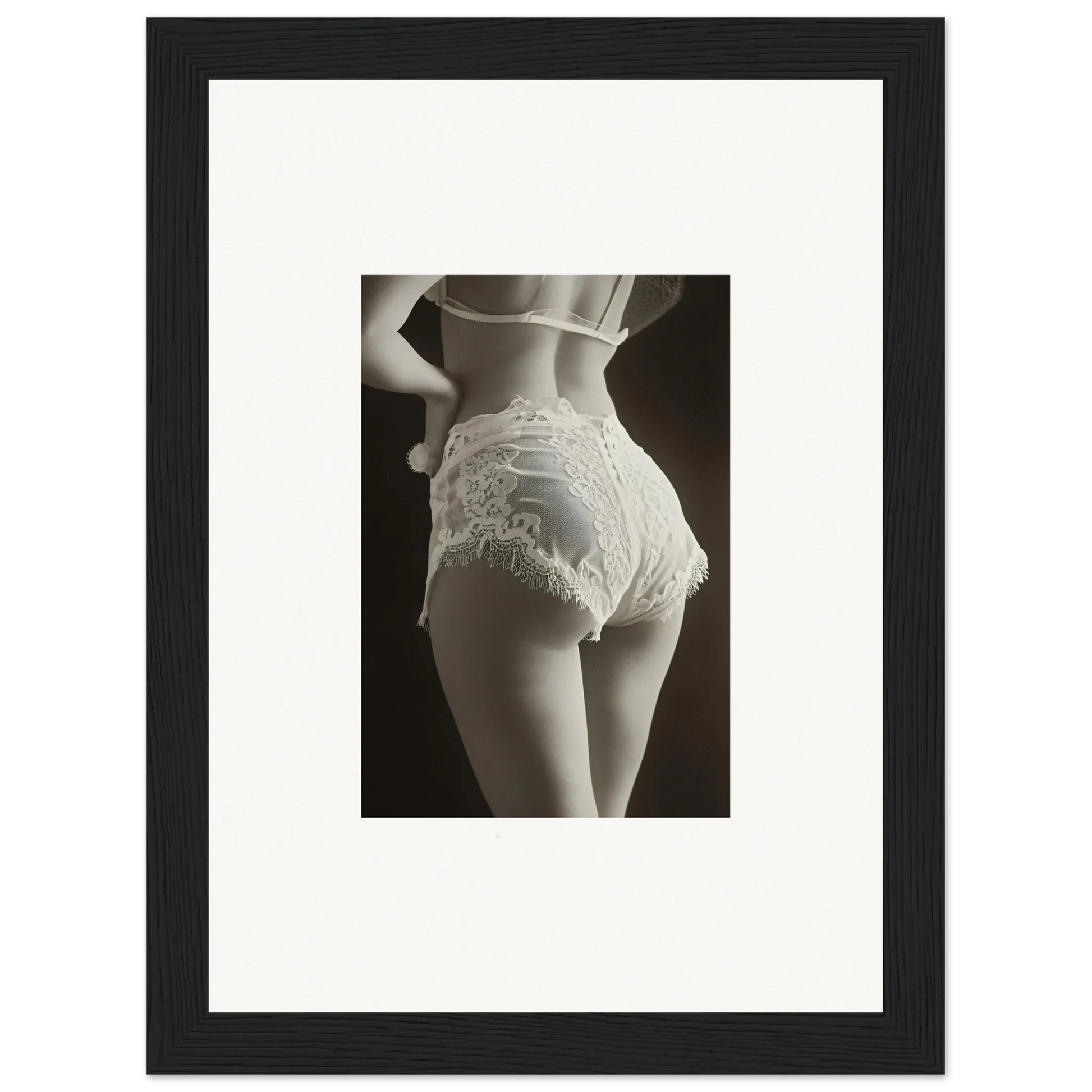 Black and white wall art of a woman in lace underwear, perfect for room decoration