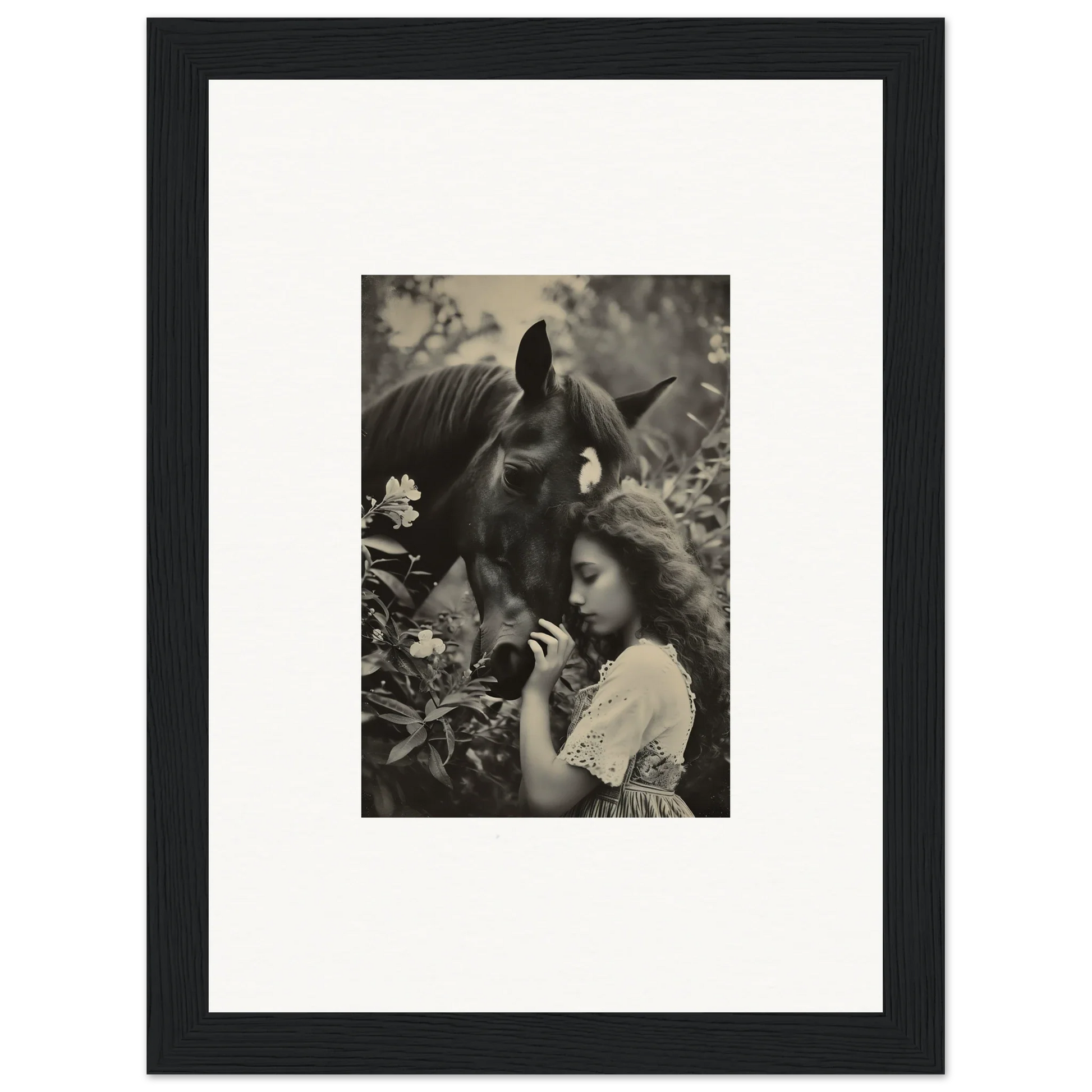 Black and white canvas print of a young girl with a horse, perfect for room decoration