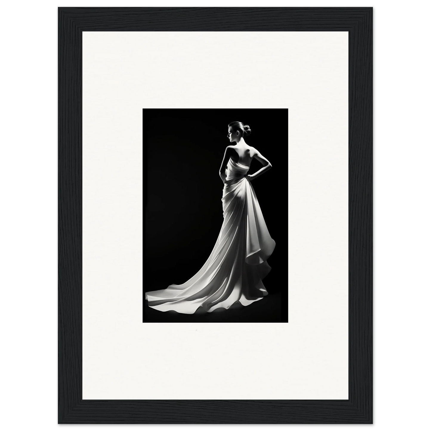 Black and white photo of Ephemeral Grayscale Elegance evening gown showcasing timeless beauty