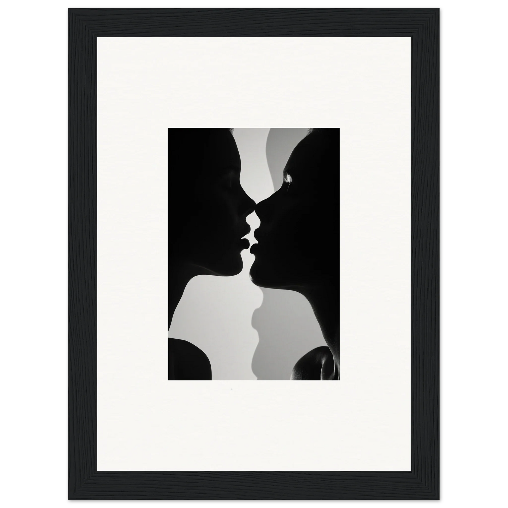 Black and white silhouette of two profiles about to kiss in Nouveau Love Symphony framed wall art