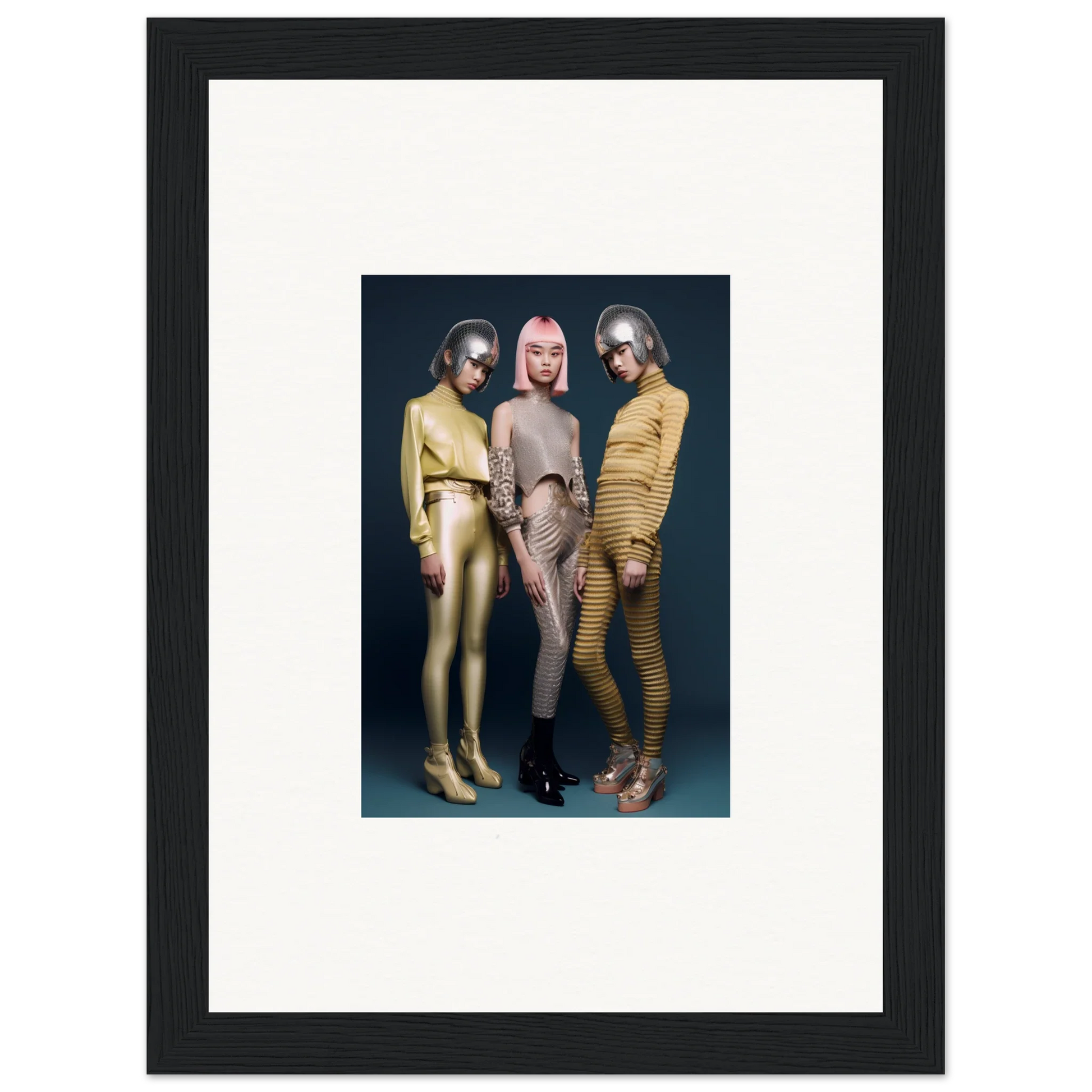 Framed wall art of three in metallic costumes from Galactic Fashion Paradigm special edition art™