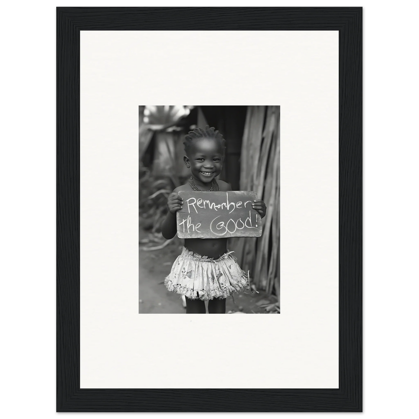 Black and white photo of a child in a ruffled skirt with Remember the Good sign for Chromatic Joy Ancients framed wall art