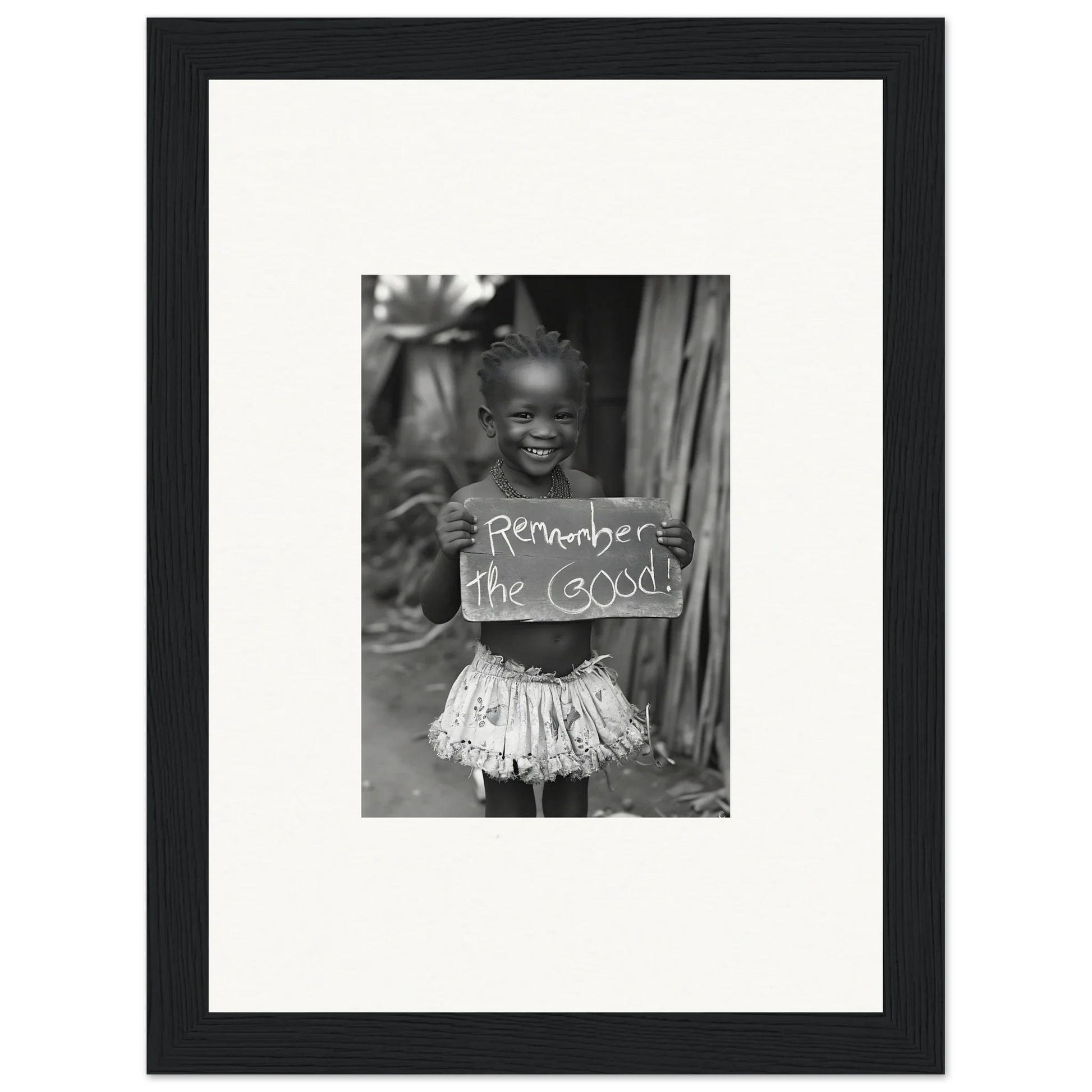 Black and white photo of a child in a ruffled skirt with Remember the Good sign for Chromatic Joy Ancients framed wall art