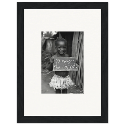 Black and white photo of a child in a ruffled skirt with Remember the Good sign for Chromatic Joy Ancients framed wall art