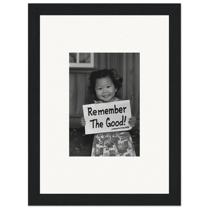 Black and white photo of a child with a Remember The Good sign for Essence Savor Whispers