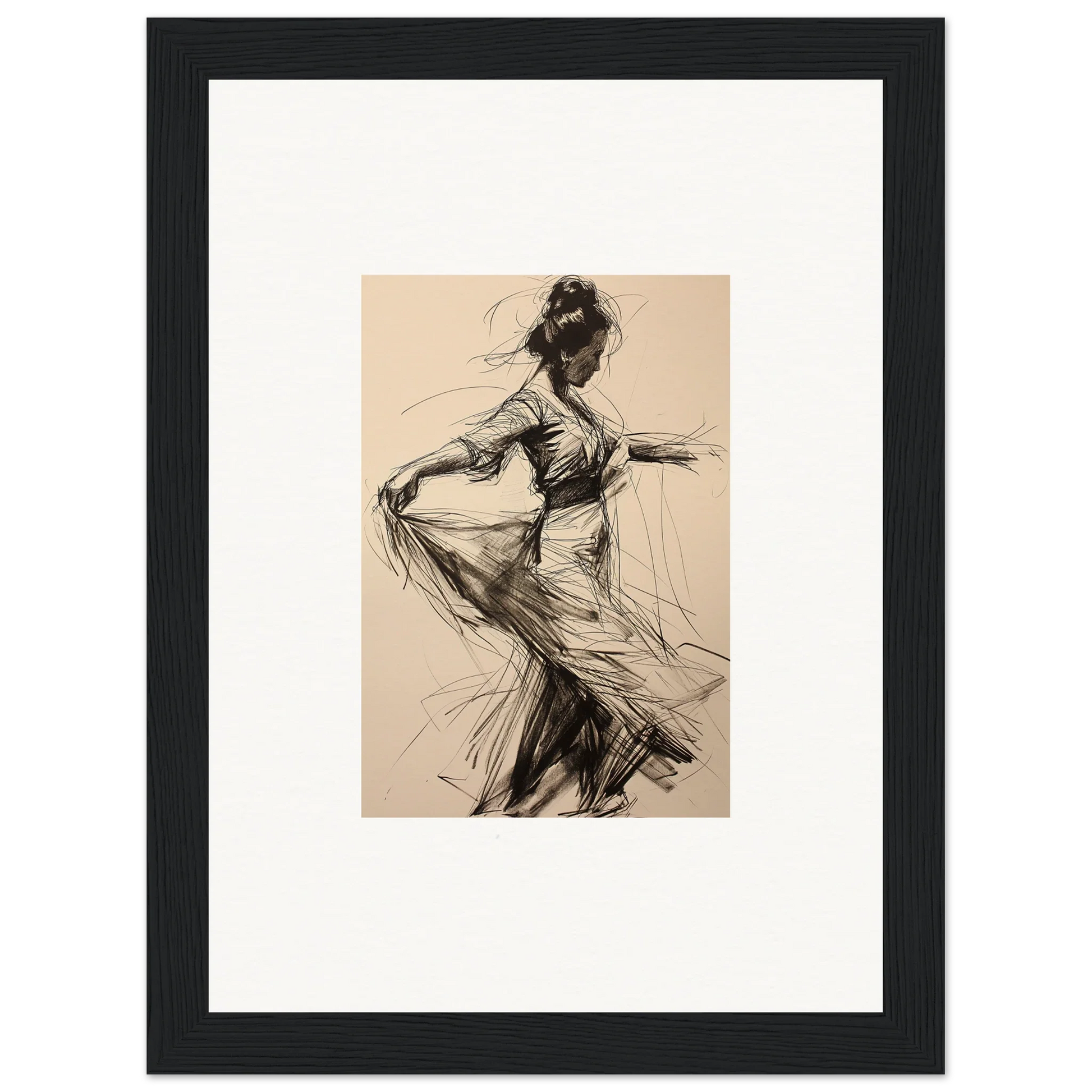 Sketch of a dancer in flowing dress showcasing Ephemeral Motion Whispers framed wall art