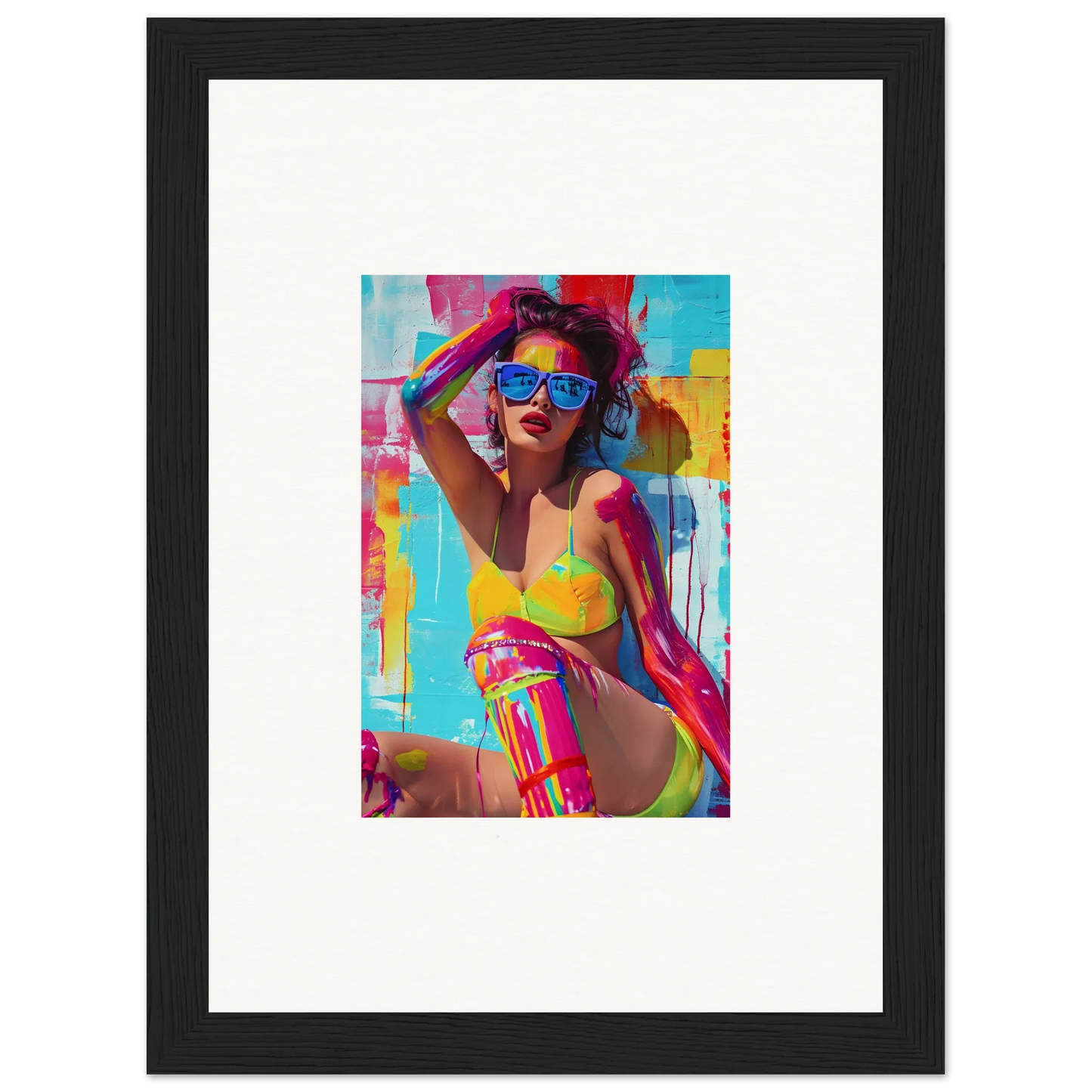 Colorful pop art portrait of a woman in swimwear, perfect for wall art or room decoration