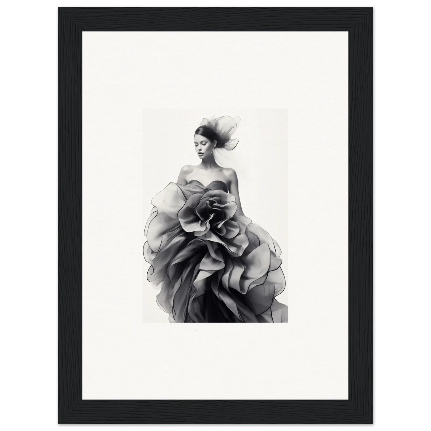 Dramatic black and white figure in ruffled gown for Ephemeral Orchard Whispers art