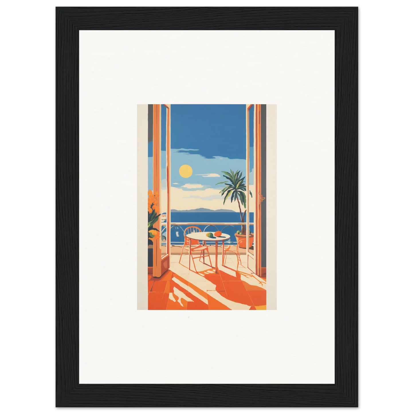 Framed poster of a sunny balcony scene for Tranquil Mirage Brunch special edition art™