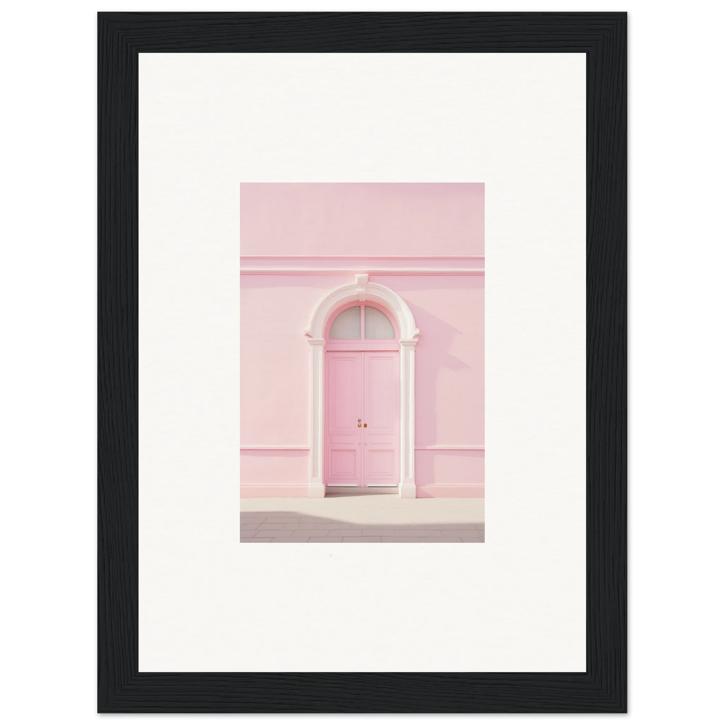 Pink door with white classical arch trim in Pearly Baccarat Dream framed wall art