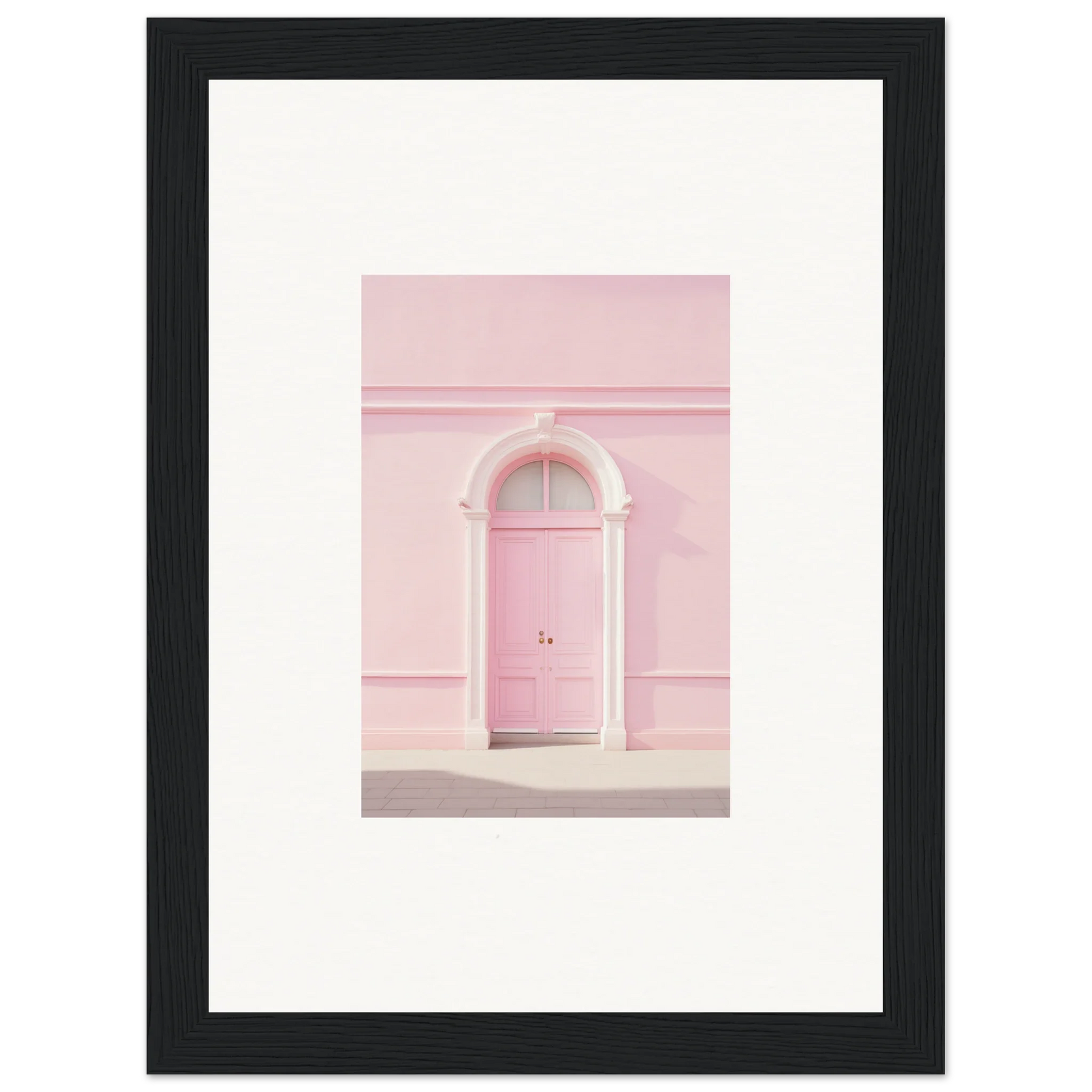 Pink door with white classical arch trim in Pearly Baccarat Dream framed wall art