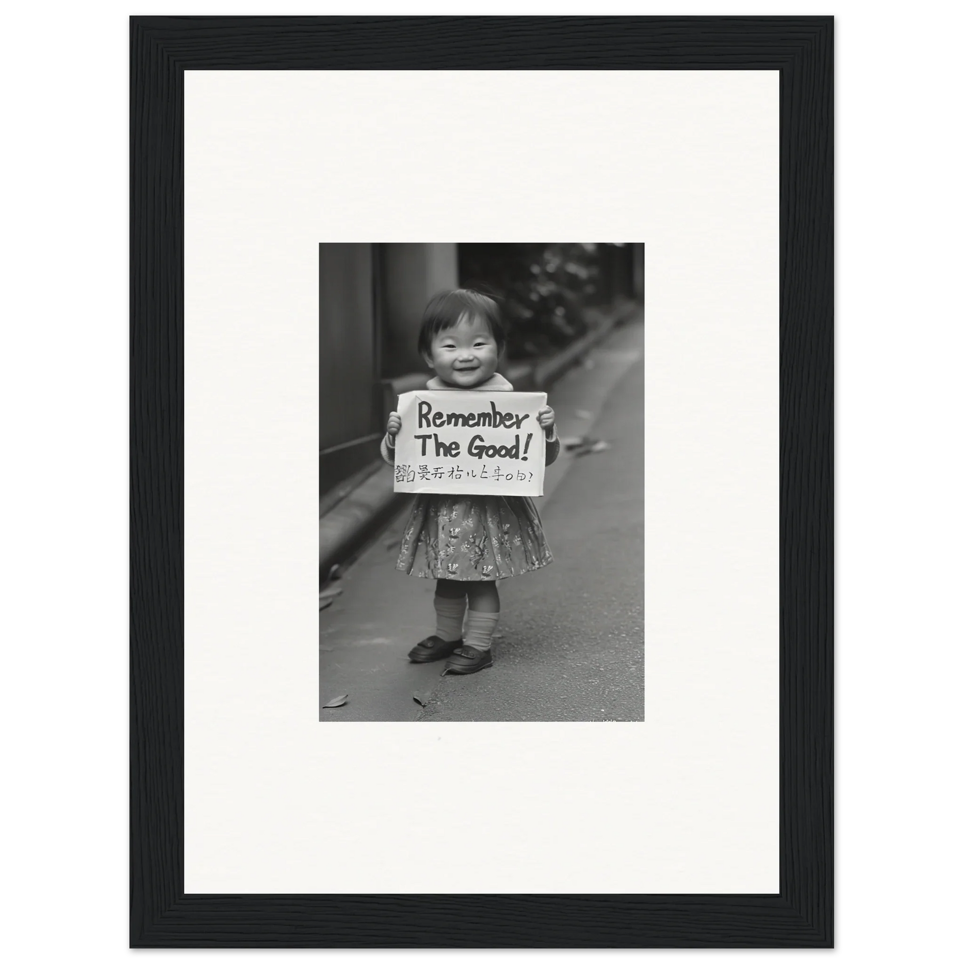 Black and white photo of child with Remember The Good sign in Whimsy Echo Memory art