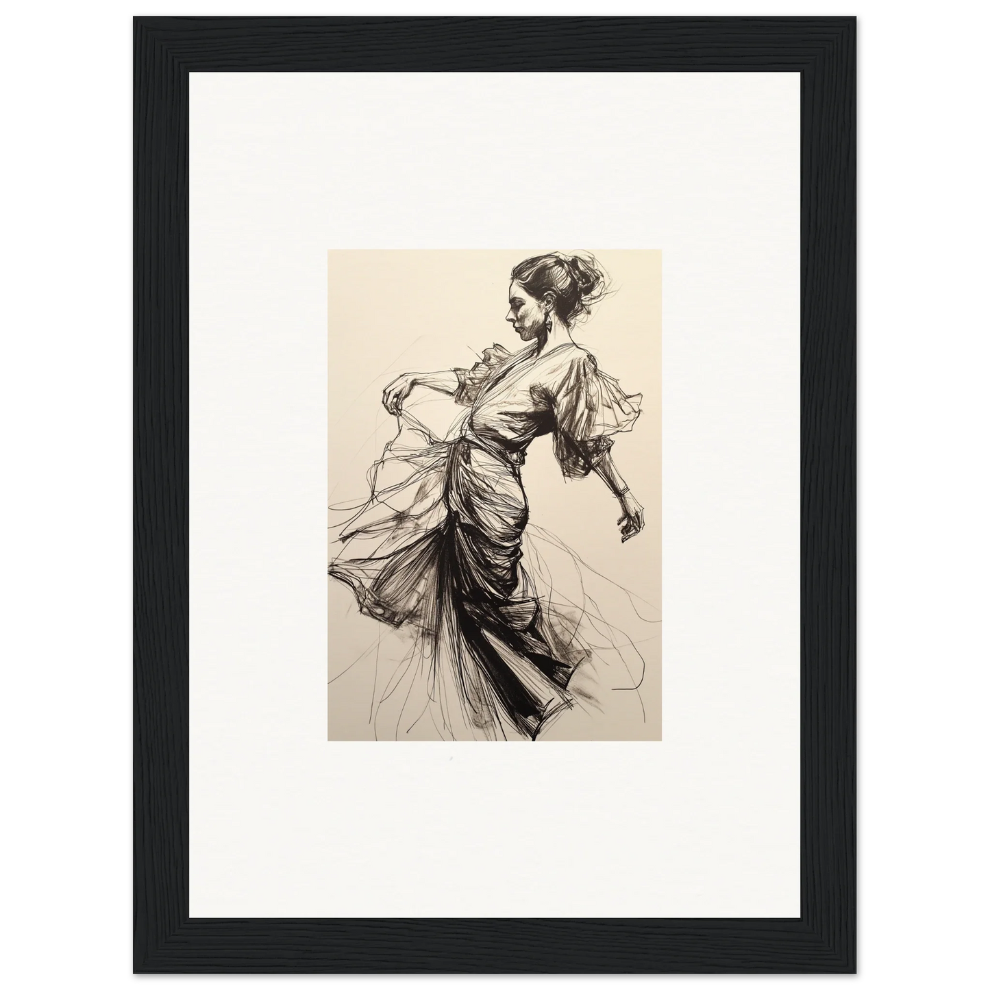 Elegant woman in flowing dress captured in Ephemeral Ink Serenade framed wall art