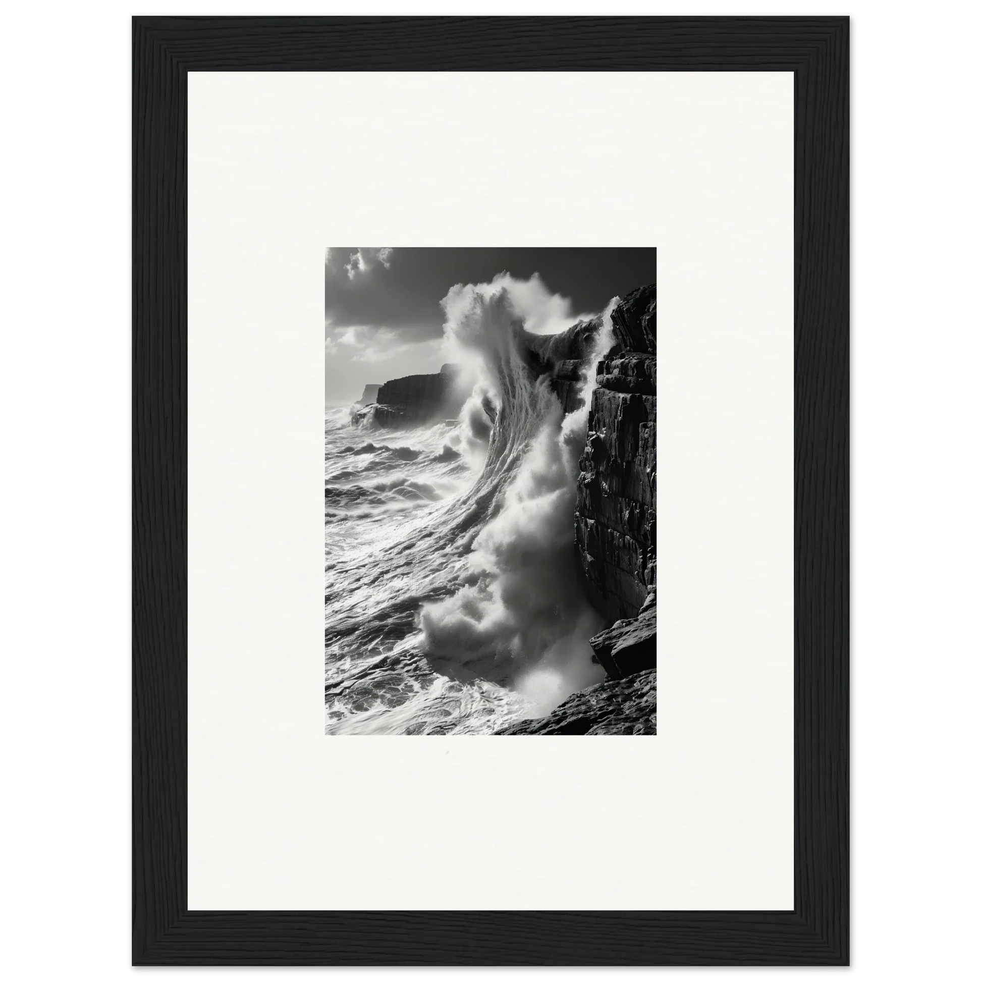 Powerful ocean wave crashing on rocky cliffs in Tidal Curved Reality framed wall art