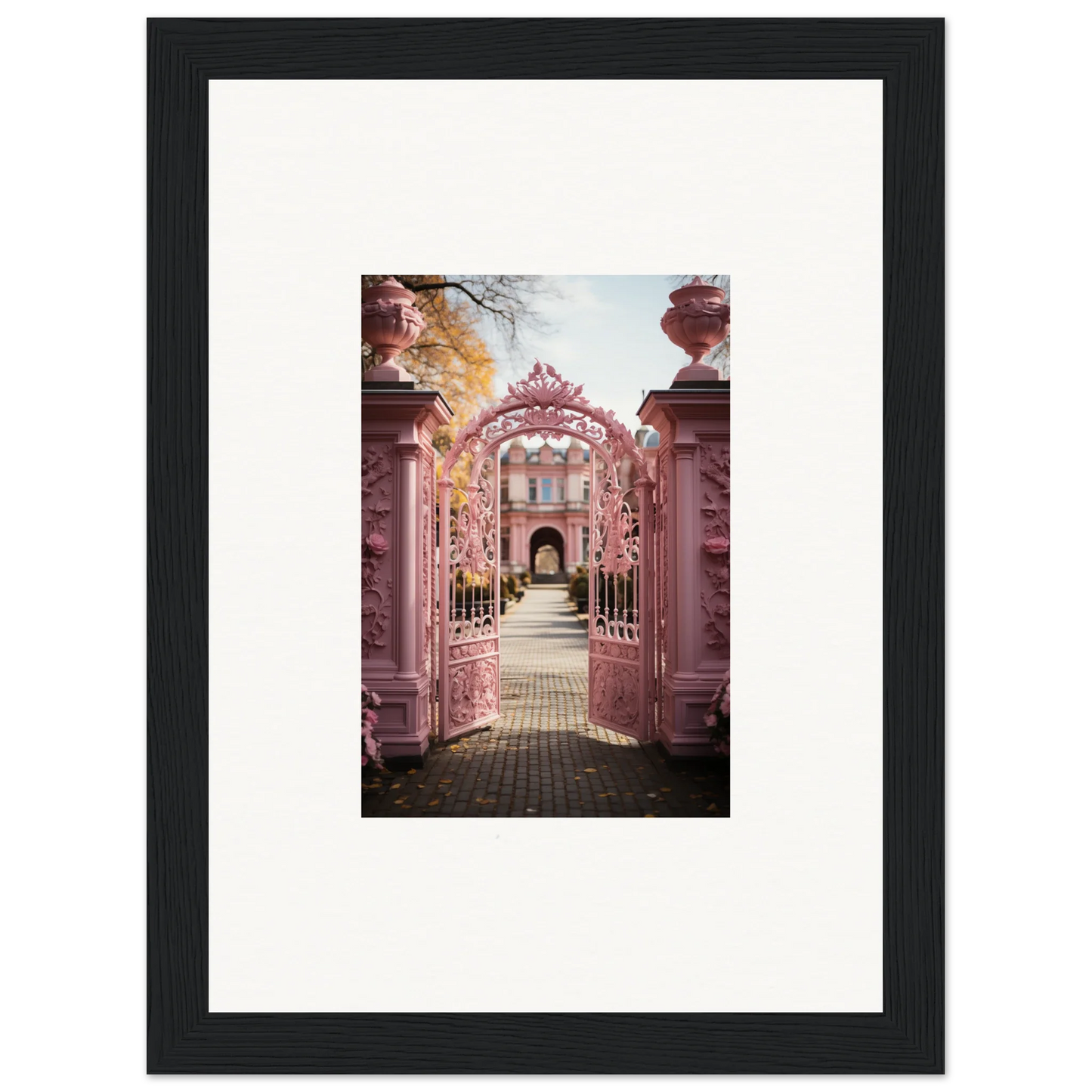 Ornate pink archway with metalwork at Sugarcotton Visions Gateway leading to a garden path