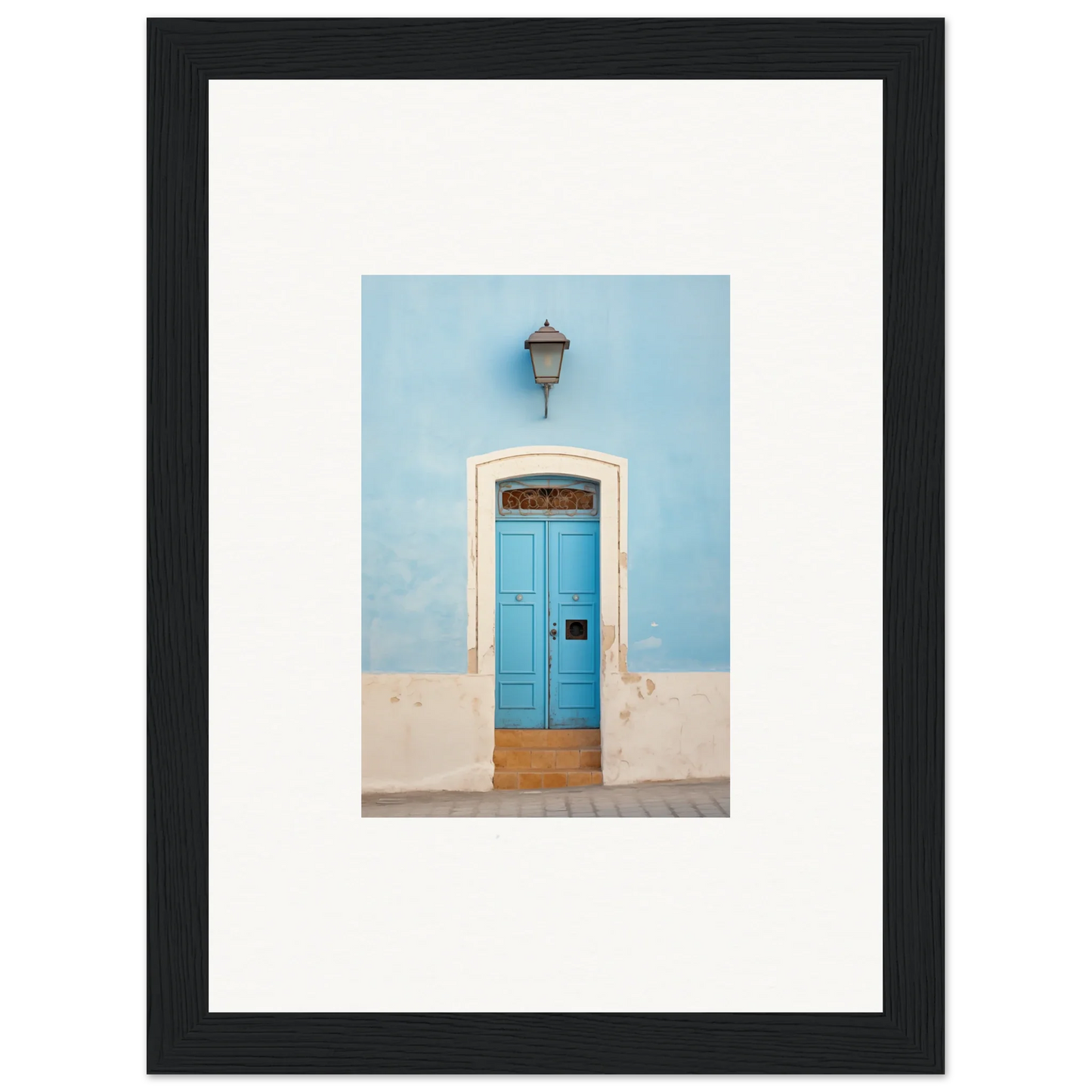 Bright blue wooden door with white trim and lamp in Surreal Azure Vesaurrezz art piece