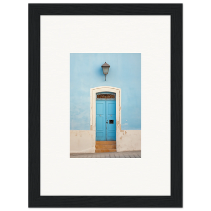 Bright blue wooden door with white trim and lamp in Surreal Azure Vesaurrezz art piece