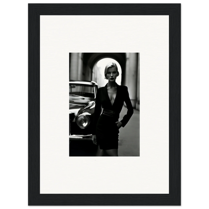 Black and white shot of a figure in sleek outfit by a vintage car for Interstellar Noir Illuminations